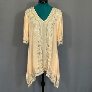 Soft Surroundings Peach Modal Embroidered Sequin Handkerchief Hem Tunic 29200